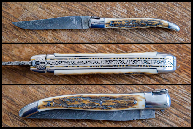 Couteau Laguiole 12 cm Double platine Damas - Bois de cerf
